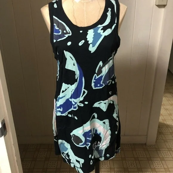 KENZO sz S Black Long Tank Top Side Slits Blue Fish - Picture 1 of 8